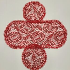 Vintage Red Lace Runner & Doily Set Holiday Christmas Ornament Bell Print